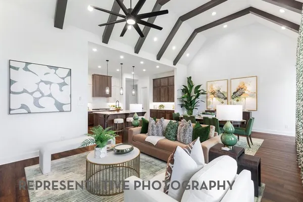 a living room with furniture and a potted plant