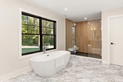 a bathroom with a bathtub and a shower