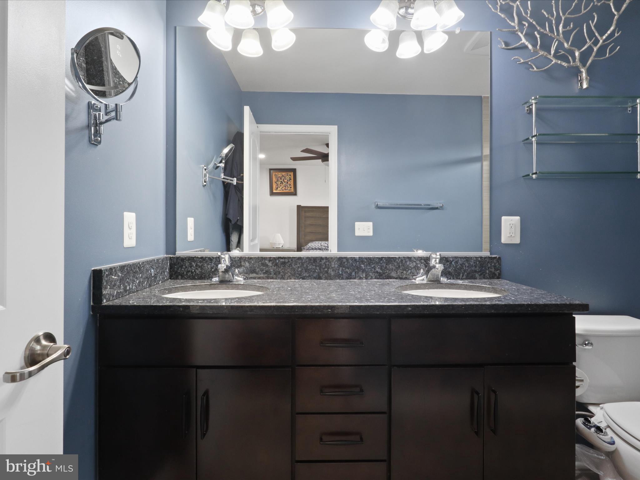 44021 Eastgate View Drive Chantilly, VA 20152 - Photo 18 of 30 a bathroom with a granite countertop sink a mirror and cabinets
