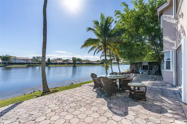 a view of a lake with table and chairs