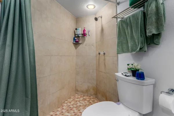 a bathroom with a toilet and a shower