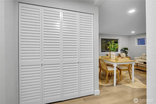 a view of a room with a table in it