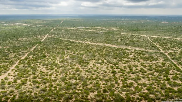 an aerial view of residential houses with outdoor space and trees