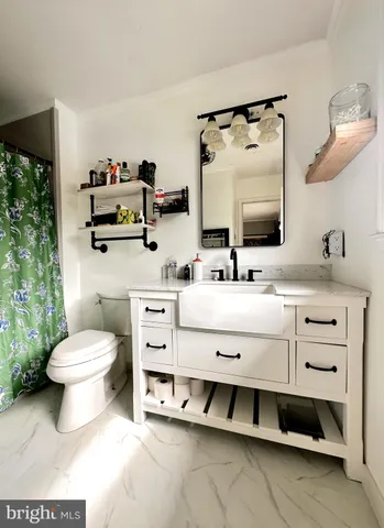 a bathroom with a sink toilet and mirror