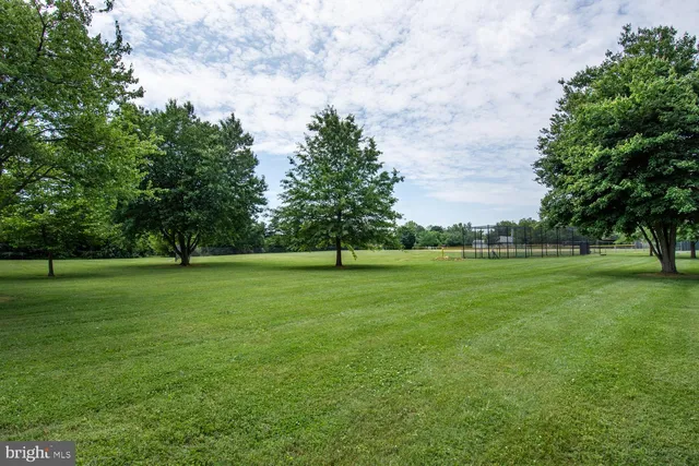 a view of grassy field with benches