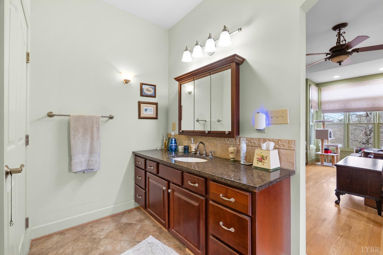2481 School Crossing Road Lynch Station, VA 24571 - Photo 22 of 47 a bathroom with a granite countertop sink a mirror and a shower