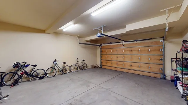 a view of a garage with storage
