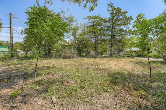 a view of a field with trees in the background