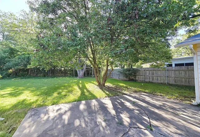 a view of a backyard with large trees