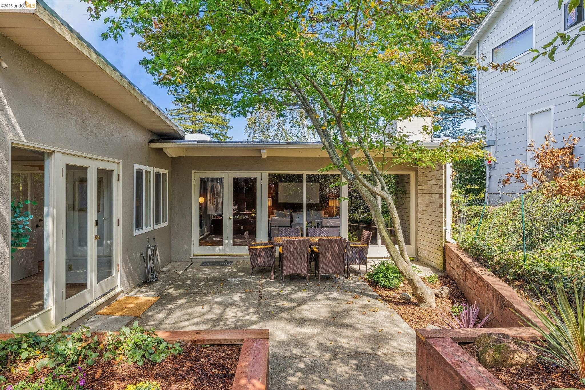 1024 Overlook Road Berkeley, CA 94708 - Photo 38 of 41 Expansive patio with multiple glass-paneled doors, a mature tree, and elevated wood-framed garden beds