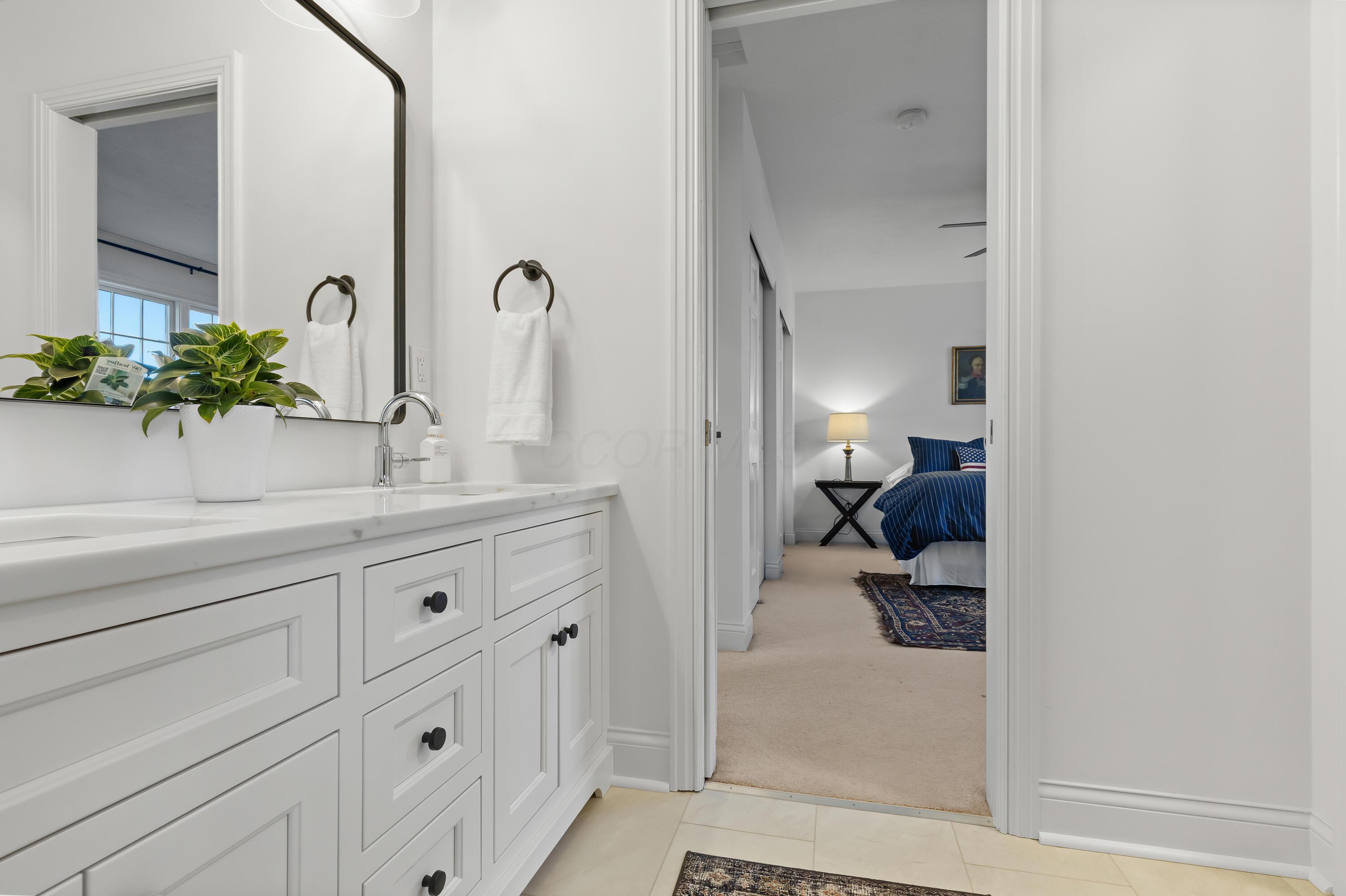 1364 Dale Ford Road Delaware, OH 43015 - Photo 61 of 112 • Luxury vinyl plank flooring • White painted walls • Custom built enclosed vanity with double bowl, quartz sinktop • 4 bulb wall light • Mirror remains