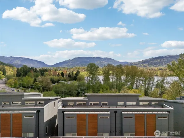 a view of a city with lush green forest