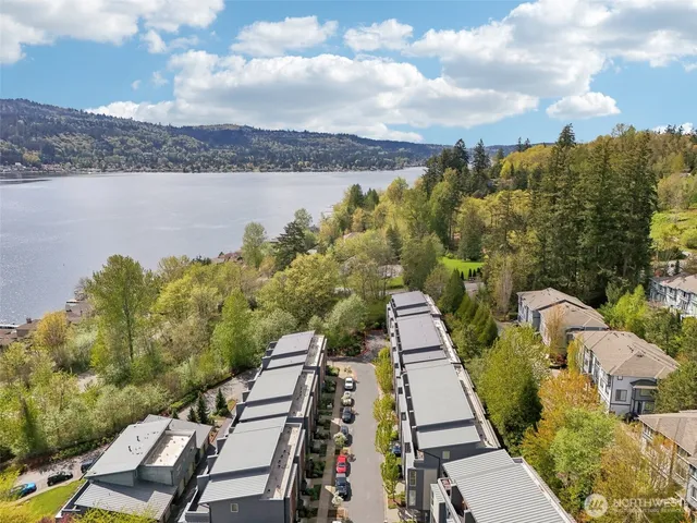 a view of a lake with a city