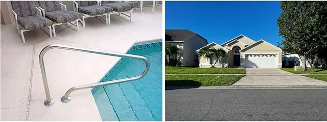 a view of a swimming pool with outdoor seating