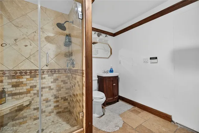 a bathroom with a shower and a toilet