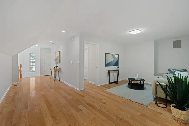 a hallway with a workspace