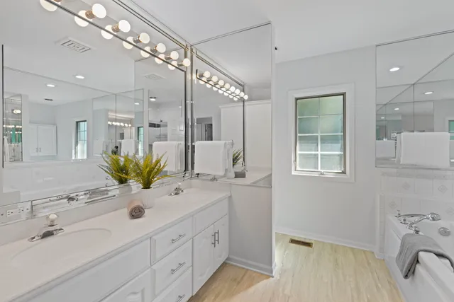 a bathroom with a sink a faucet a potted plant and a shower