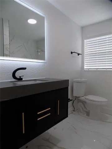 a bathroom with a sink a toilet and mirror