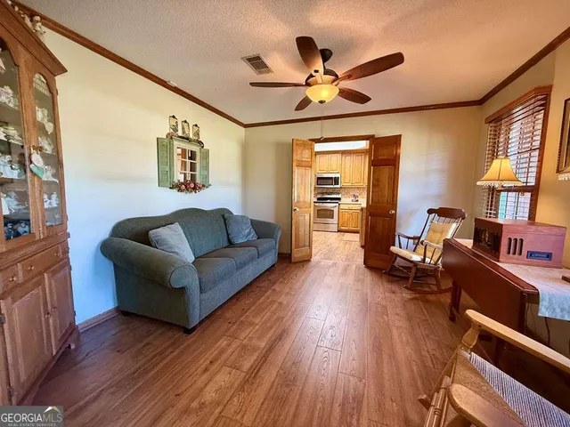 a view of a lake with a garden