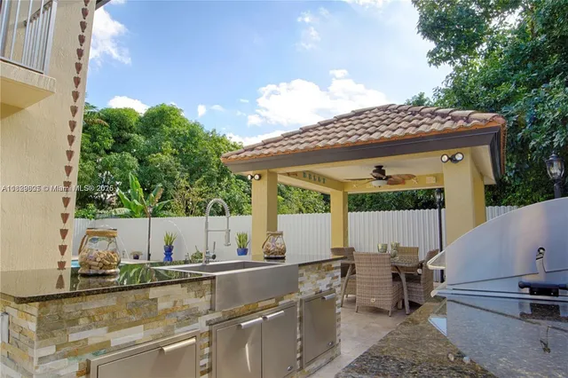 a view of kitchen with sink and outdoor seating