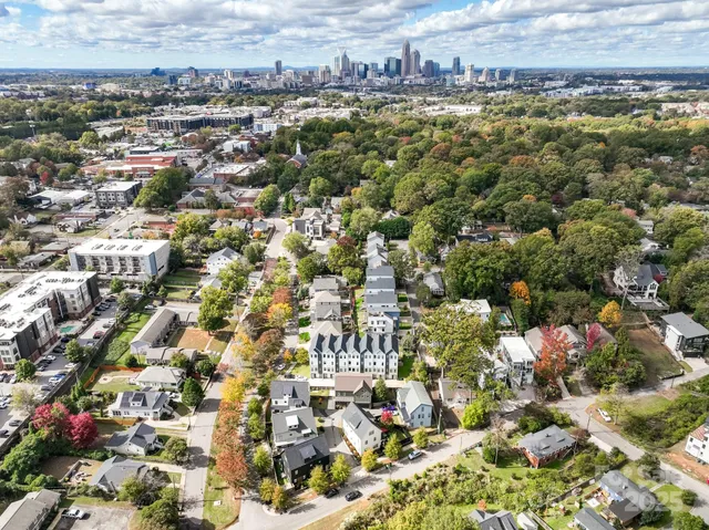 an aerial view of residential houses with city view