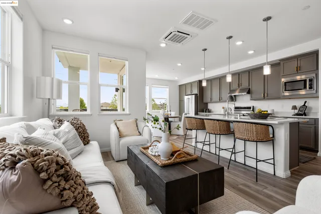 a living room with furniture and a view of kitchen