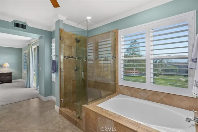 a bathroom with a bathtub and a shower