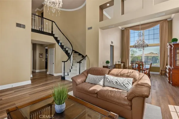 a living room with furniture and a potted plant with wooden floor