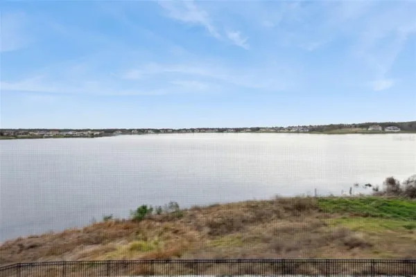 a view of a lake with a beach