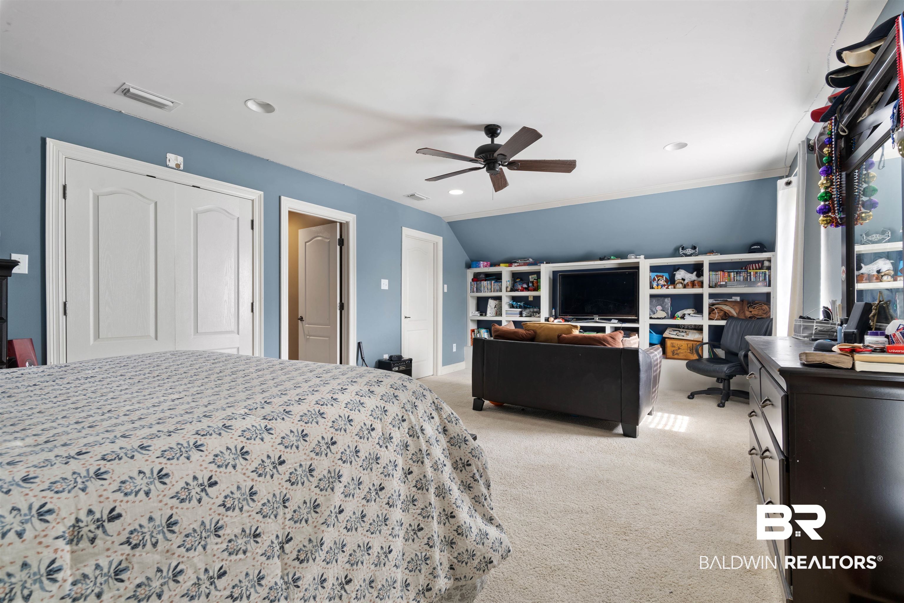 10197 Bellingrath Road Theodore, AL 36582 - Photo 23 of 37 Bedroom with light colored carpet, recessed lighting, and a ceiling fan