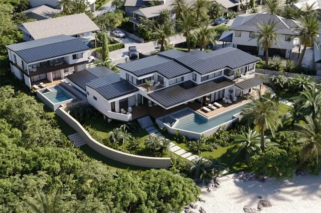 an aerial view of a house with a garden