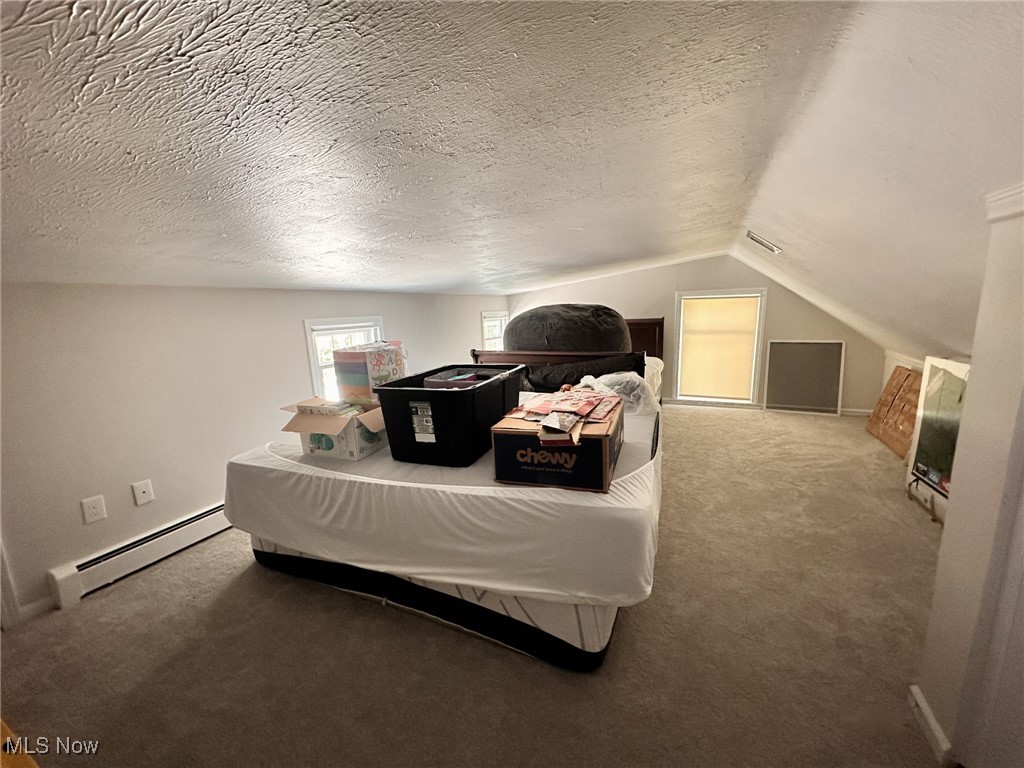 8145 Chagrin Road Chagrin Falls, OH 44023 - Photo 28 of 40 Carpeted bedroom with a baseboard radiator, a textured ceiling, and vaulted ceiling