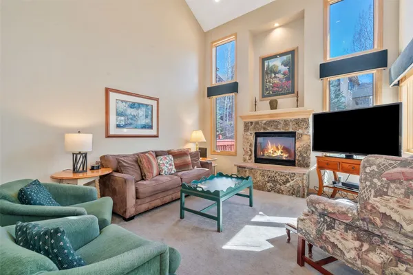 a living room with furniture a flat screen tv and a fireplace