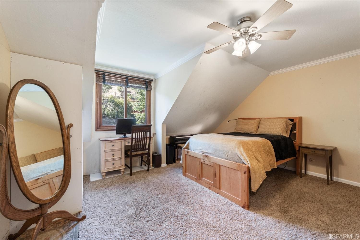 4912 John Muir Road Martinez, CA 94553 - Photo 37 of 59 a spacious bedroom with a bed a mirror and a chandelier