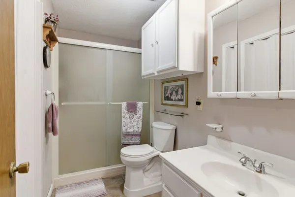 a bathroom with a sink a toilet and shower