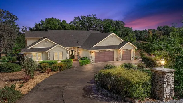 a view of a big house with a big yard plants and large trees