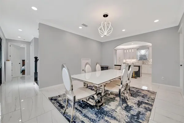 a view of a dining room with furniture