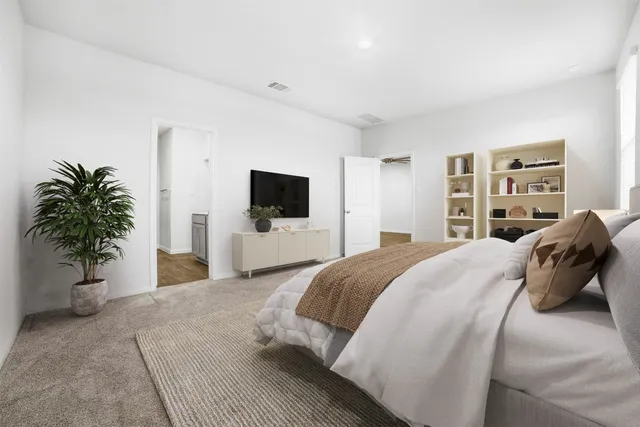 a bedroom with a bed and a television