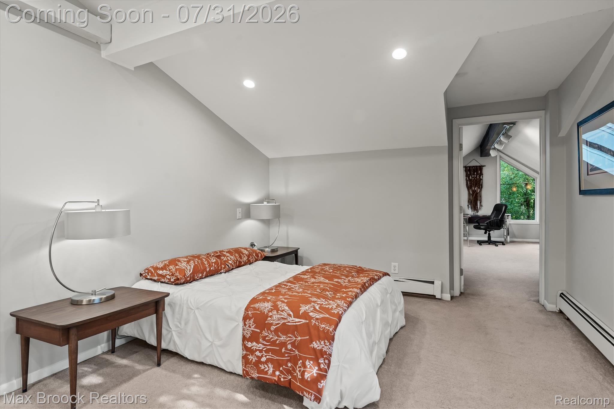 29630 Sugar Spring Road Farmington, MI 48334 - Photo 28 of 41 Bedroom #4 (primary bedroom) featuring a vaulted ceiling with exposed beams, recessed lighting, and baseboard heating
