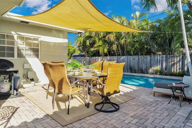 a view of backyard with swimming pool and outdoor seating