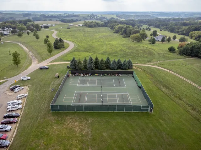 a view of a swimming pool with a mountain