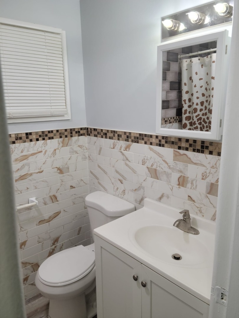 10081 Frontage Road, Unit D Skokie, IL 60077 - Photo 7 of 12 a bathroom with a sink a toilet and shower