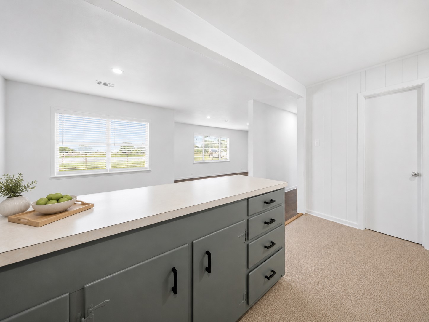 5443 Randon School Road Rosenberg, TX 77471 - Photo 7 of 20 Kitchen counter view overlooking the family room, with lower cabinetry, white counters, and open sightlines to the main living space.