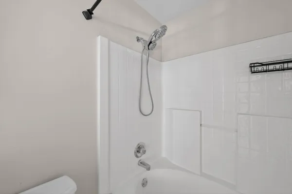 a bathroom with a shower and a toilet
