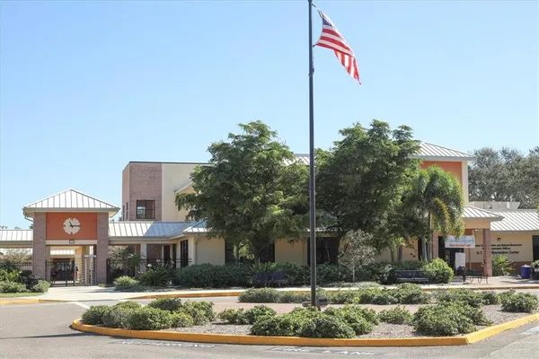 a view of a water fountain and a big tree