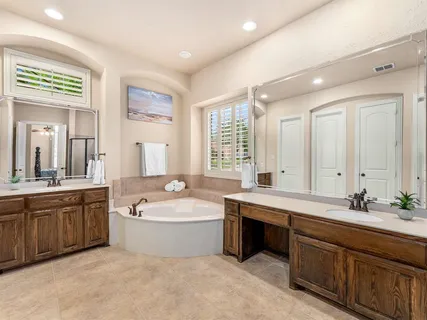 a bathroom with a tub a sink double vanity and a large mirror
