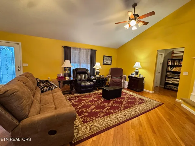 a living room with a fireplace