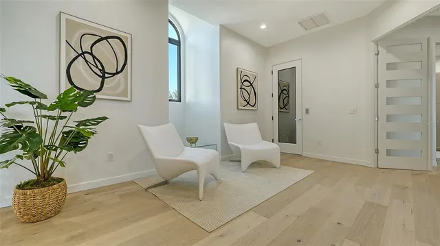 a living room with furniture and a potted plant