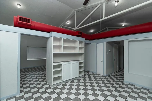 a room with shelves