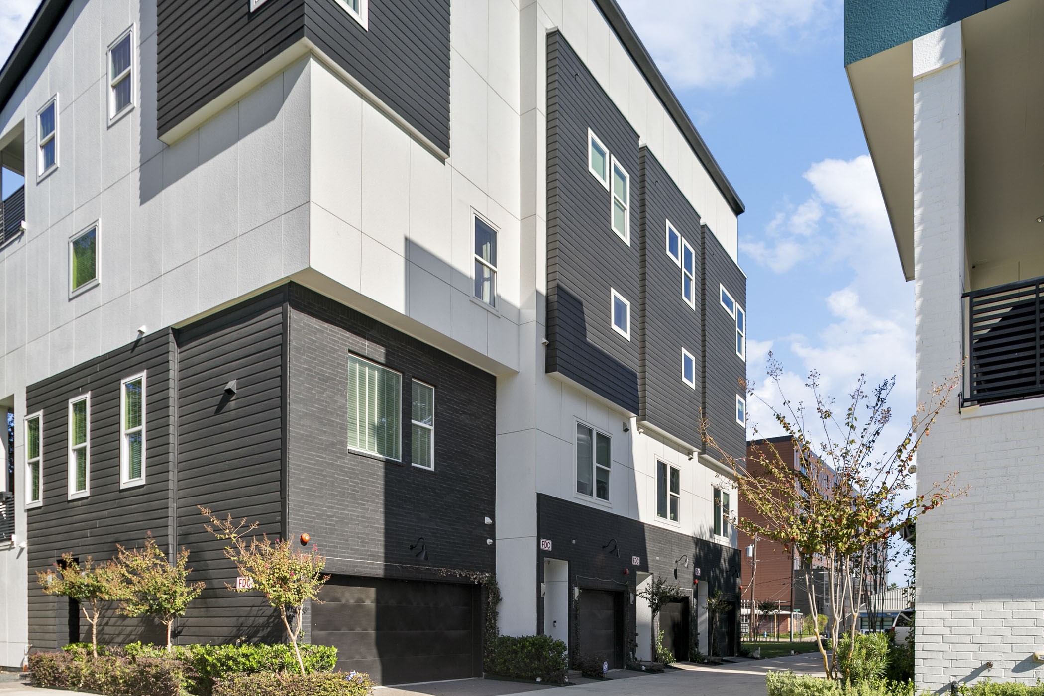 a front view of a multi story building